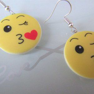 Upcycled KISS Emoji Button Round Happy Kiss Face Plastic Dangle Earring
